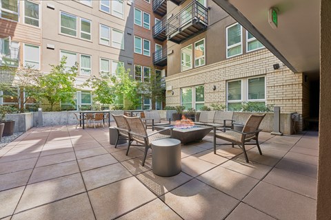 furnished patio with fire pit at the bradley braddock road station apartments